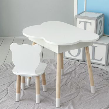 Новинка! Дитячий білий столик хмаринка з нішею і стільчик ведмедик білий 65480