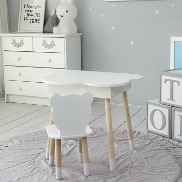 Новинка! Дитячий білий столик хмаринка з нішею і стільчик ведмедик білий 65480