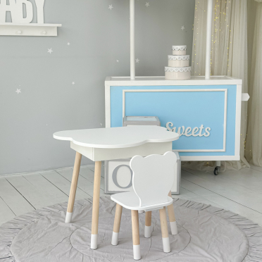Новинка! Дитячий білий столик хмаринка з нішею і стільчик ведмедик білий 65480