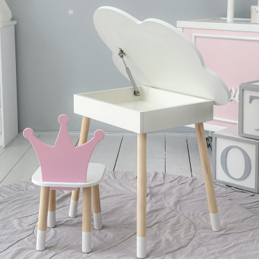 Новинка! Дитячий стіл білий хмарка з нішею і стільчик корона рожевий 85866