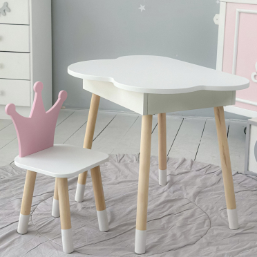 Новинка! Дитячий стіл білий хмарка з нішею і стільчик корона рожевий 85866