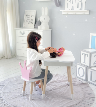Новинка! Дитячий стіл білий хмарка з нішею і стільчик корона рожевий 85866