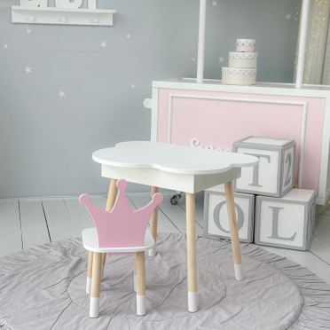 Новинка! Дитячий стіл білий хмарка з нішею і стільчик корона рожевий 85866