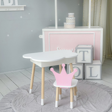 Новинка! Дитячий стіл білий хмарка з нішею і стільчик корона рожевий 85866