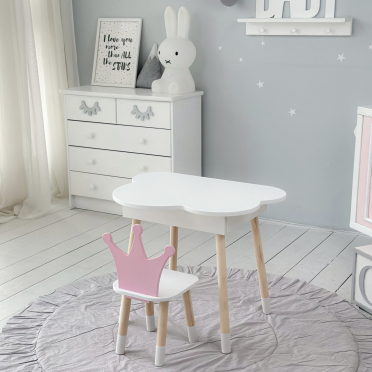 Новинка! Дитячий стіл білий хмарка з нішею і стільчик корона рожевий 85866