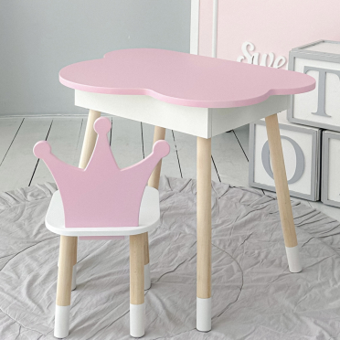 Новинка! Дитячий стіл рожевий хмарка з нішею і стільчик корона рожевий 93061