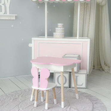 Новинка! Дитячий стіл рожевий тучка з нішею і стільчик метелик рожева 23412