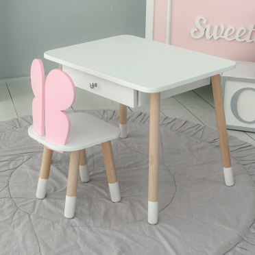 Дитячий білий столик з шухлядою  і стільчик метелик рожевий 34961