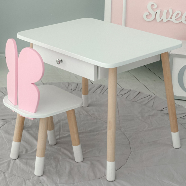 Дитячий білий столик з шухлядою  і стільчик метелик рожевий 34961