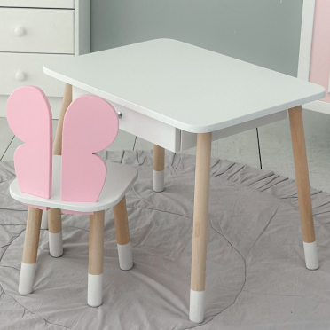 Дитячий білий столик з шухлядою  і стільчик метелик рожевий 34961