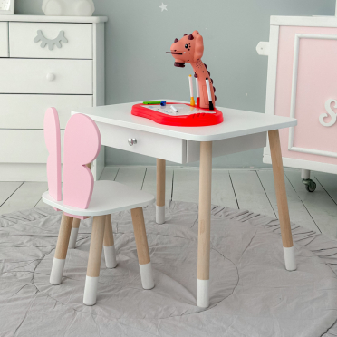 Дитячий білий столик з шухлядою  і стільчик метелик рожевий 34961