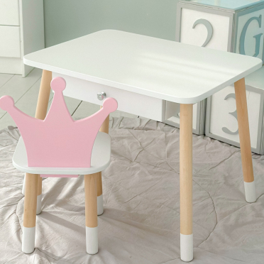 Дитячий столик білий і стільчик корона біло-рожевий. Столик із шухлядою для олівців і розмальовок 56787