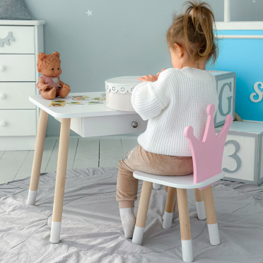 Дитячий столик білий і стільчик корона біло-рожевий. Столик із шухлядою для олівців і розмальовок 56787