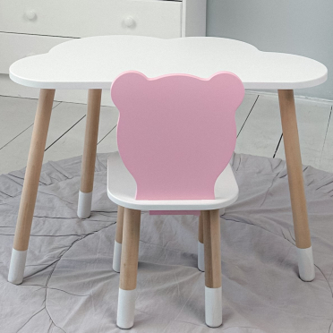 Дитячи білий стіл хмарка і стільчик ведмедик дитячий рожевий. Дитячий столик білосніжний.