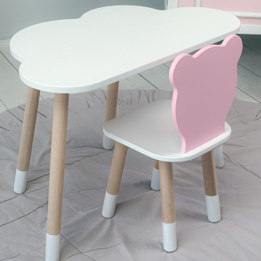 Дитячи білий стіл хмарка і стільчик ведмедик дитячий рожевий. Дитячий столик білосніжний.