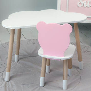Дитячи білий стіл хмарка і стільчик ведмедик дитячий рожевий. Дитячий столик білосніжний.