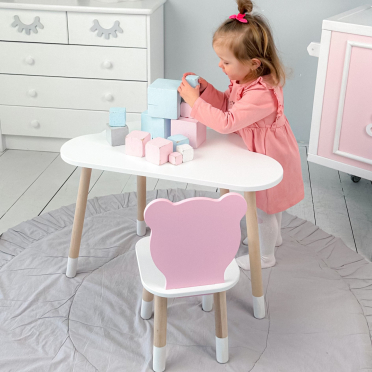 Дитячи білий стіл хмарка і стільчик ведмедик дитячий рожевий. Дитячий столик білосніжний.