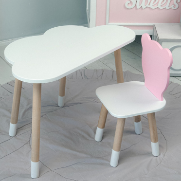 Дитячи білий стіл хмарка і стільчик ведмедик дитячий рожевий. Дитячий столик білосніжний.