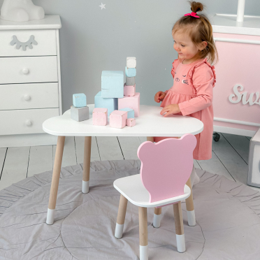 Дитячи білий стіл хмарка і стільчик ведмедик дитячий рожевий. Дитячий столик білосніжний.