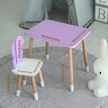 Дитячий  прямокутний стіл і стільчик метелик із білим сидінням. Столик фіолетовий дитячий