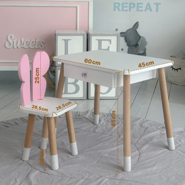 Дитячий білий столик з шухлядою  і стільчик метелик рожевий 34961